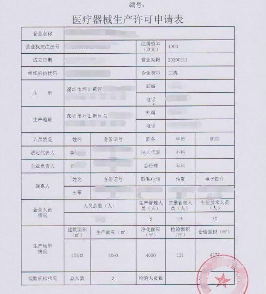 醫(yī)療器械生產(chǎn)許可核發(fā)申請(qǐng)表