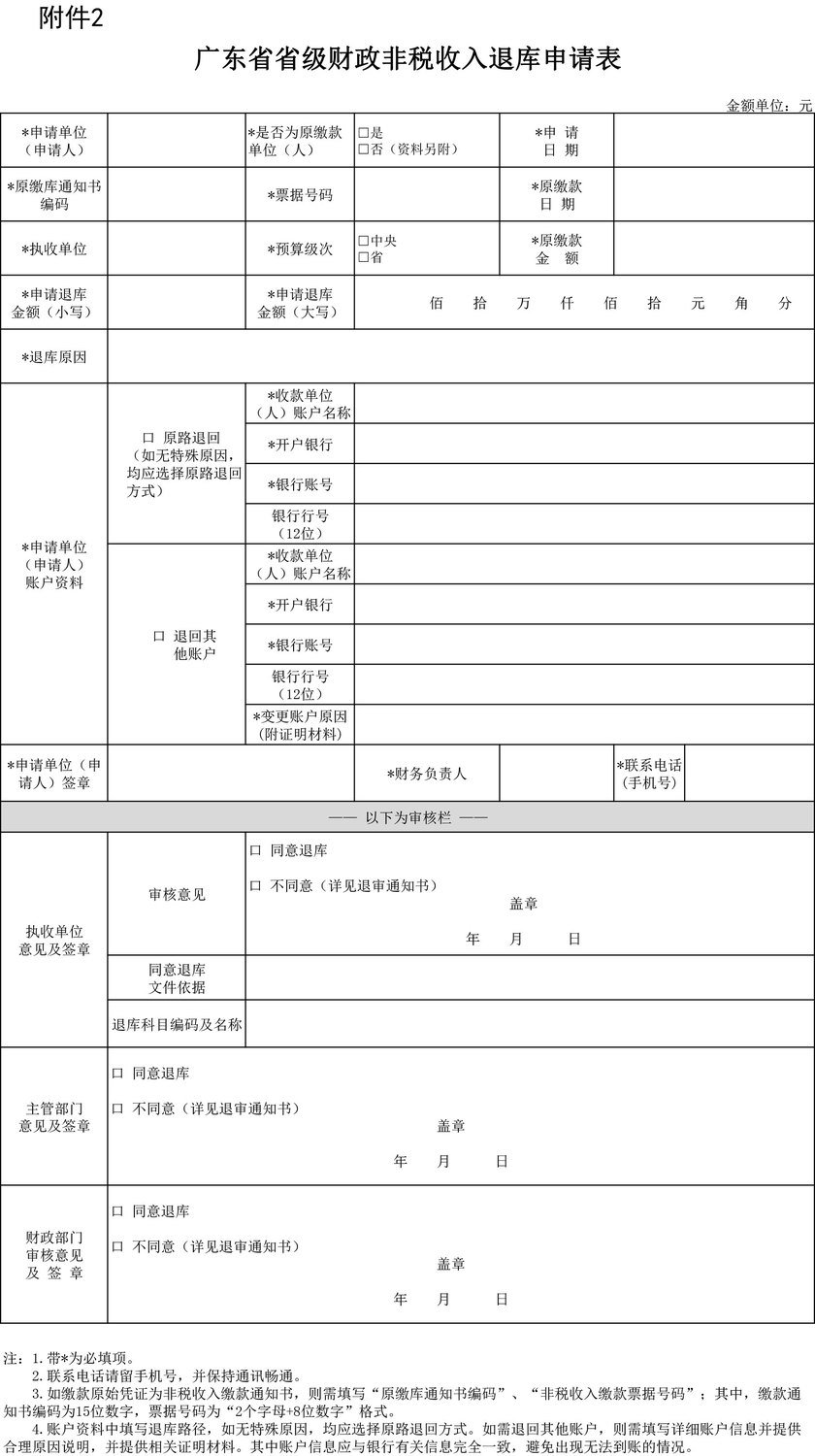 广东省省级财政非税收入退库申请表